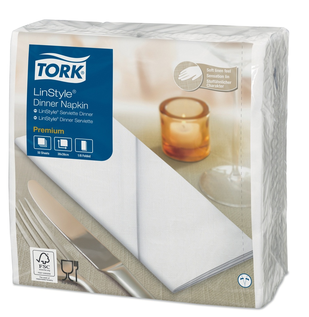 Serviette de Table Tork Linstyle 39x39 blanc.pliage 1/ 8 -x600pces